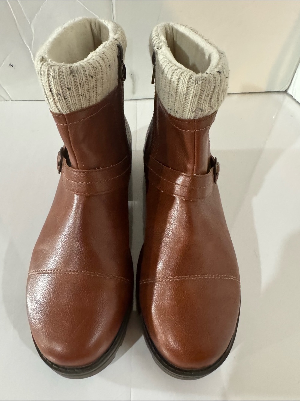 Women's Tan Leather Ankle Booties with Knit Cuff Size 9M